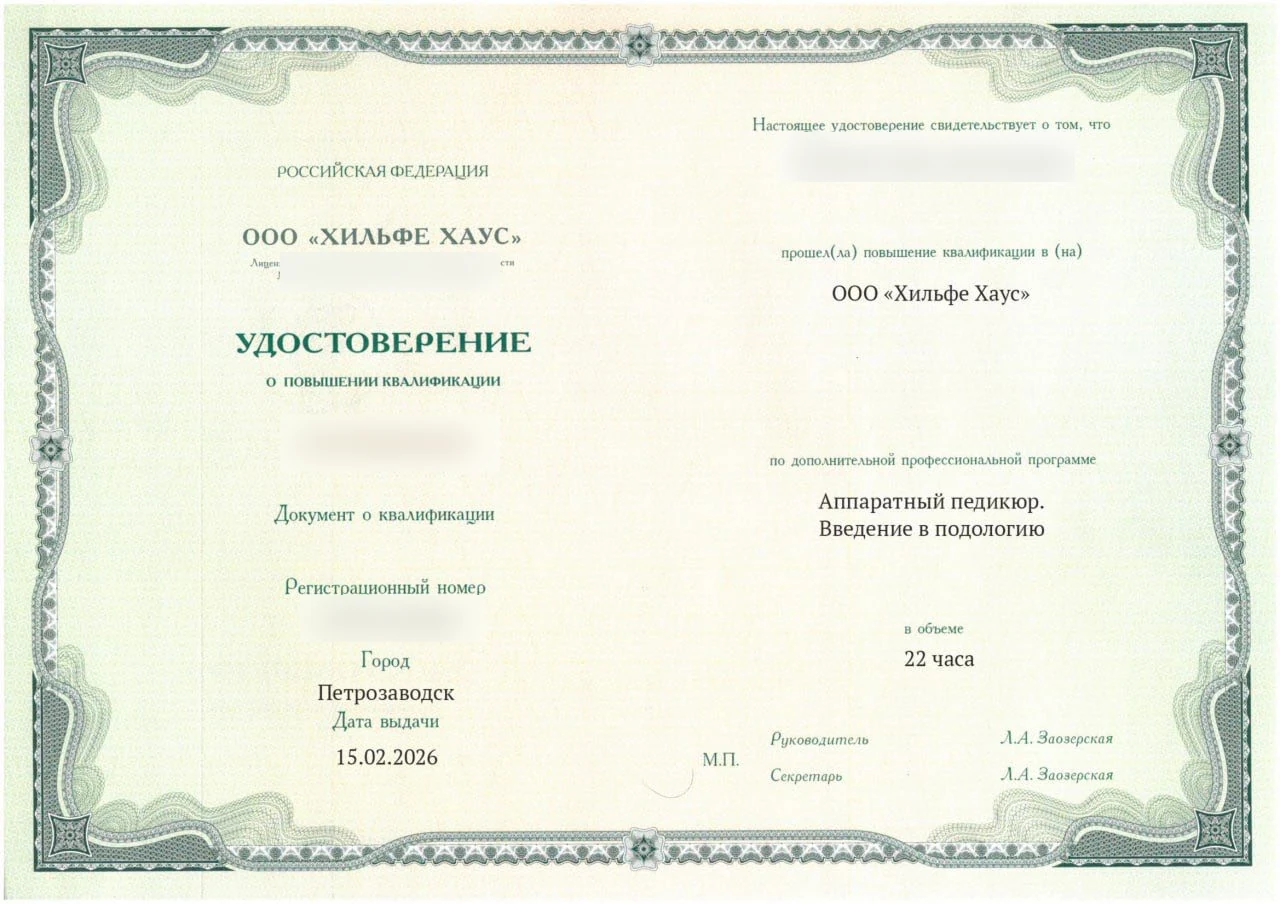 Пример удостоверения после курса HILFE HAUS с заблюренными персональными данными